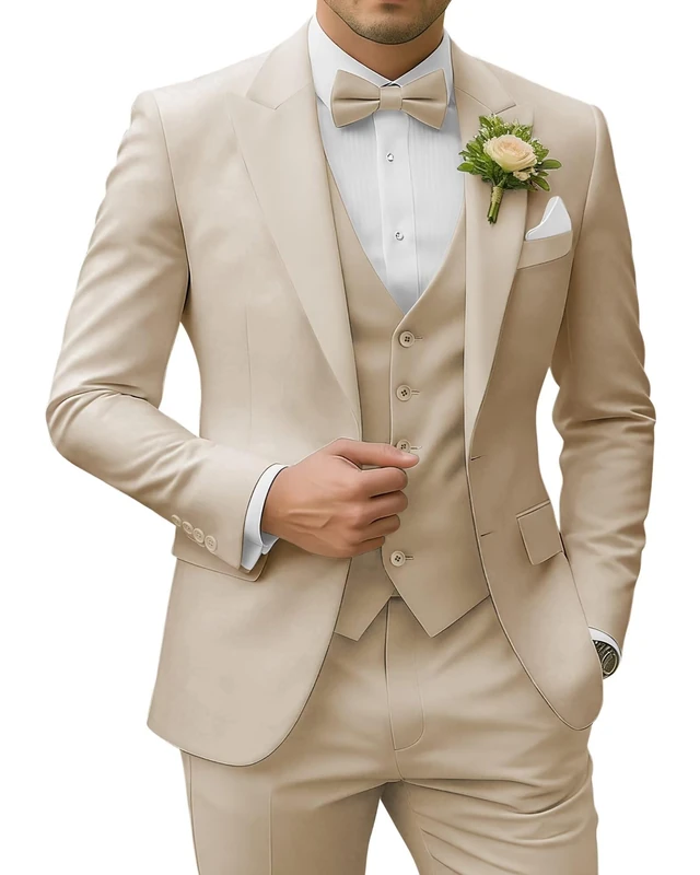 SPTALLFITJSV Men's 3 Piece Suits Slim Fit Peak Lapel 2 Button Blazer Jacket Vest Pants Set Wedding Business Prom Party Suit, Beige, S
