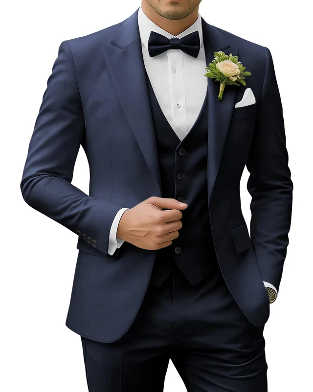 SPTALLFITJSV Men's 3 Piece Suits Slim Fit Peak Lapel 2 Button Blazer Jacket Vest Pants Set Wedding Business Prom Party Suit, Navy Blue, XL