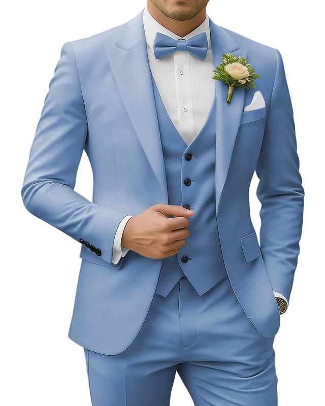 SPTALLFITJSV Men's 3 Piece Suits Slim Fit Peak Lapel 2 Button Blazer Jacket Vest Pants Set Wedding Business Prom Party Suit, Dusty Blue, L - Image 1