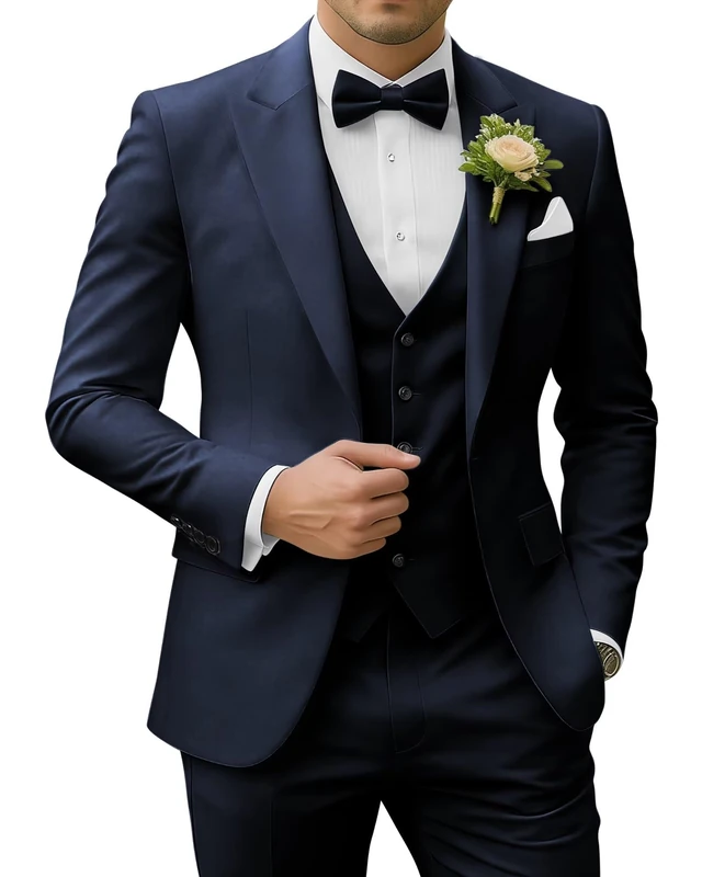 SPTALLFITJSV Men's 3 Piece Suits Slim Fit Peak Lapel 2 Button Blazer Jacket Vest Pants Set Wedding Business Prom Party Suit, Navy Blue, M