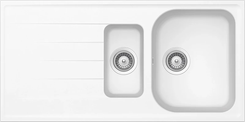 SCHOCK | Lithos 1 + ½ Bowl Kitchen Sink with Drip Tray, Reversible Bath, Cristalite® Material, Absolute White, 1000 x 500 mm