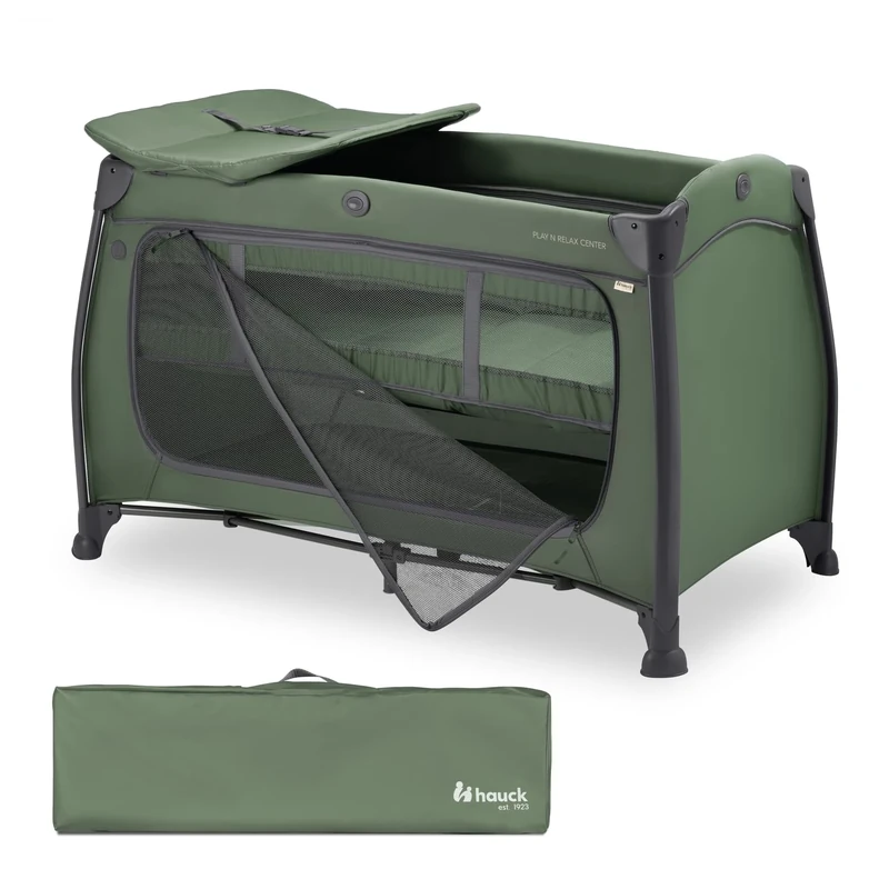 hauck Play N Relax Center, Dark Green - Travel Cot Set with Changing Mat, Newborn Height, XL Hatch, Wheels, Side Pocket & Travel Bag, Fast & Compact Folding, from Birth up to 15 kg, 120cm x 60cm