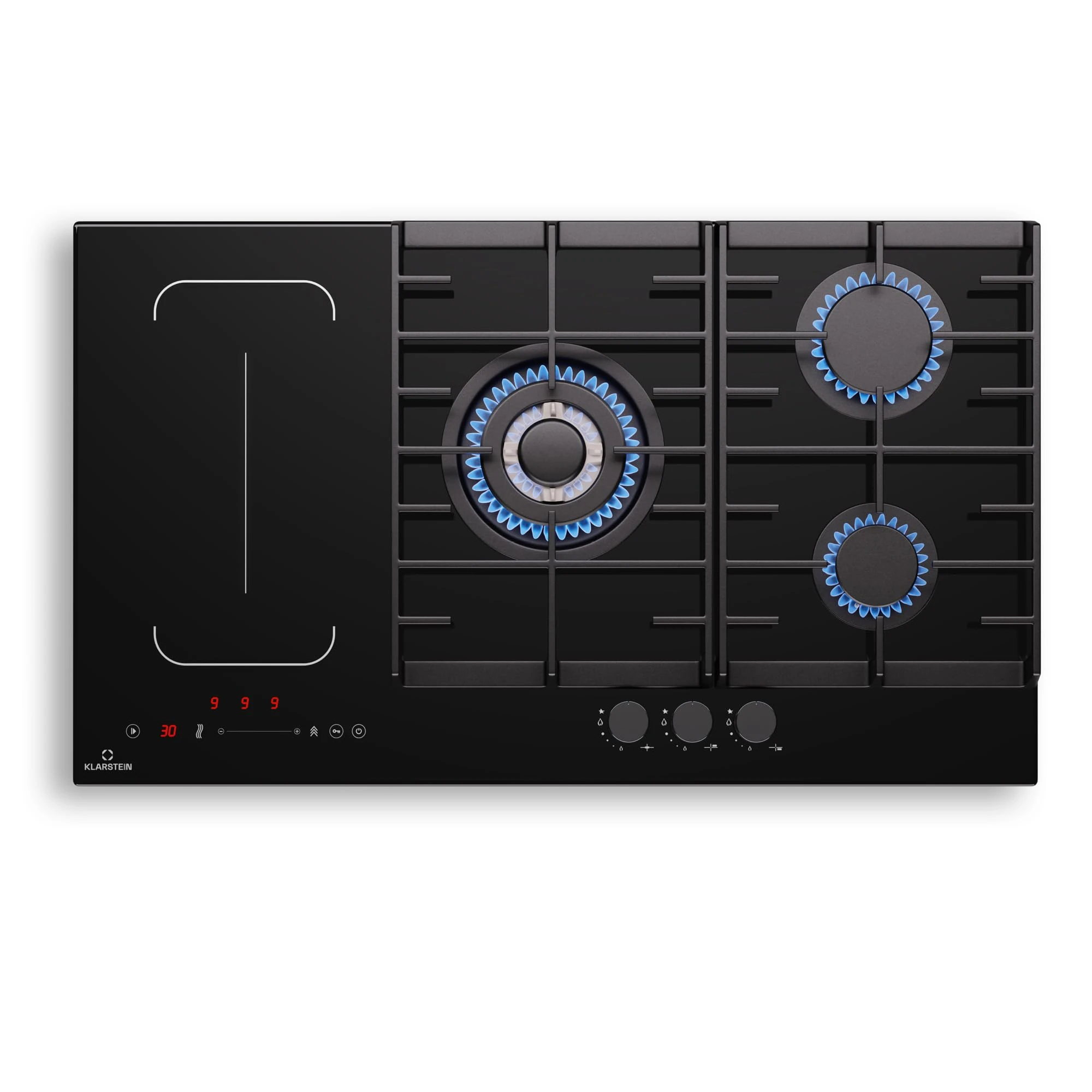 Klarstein MultiChef 5 Gas & Induction Hob - 5-Zone Flexzone Cooking, 10.6Kw, Slider Control, Stop&Go, Timer, Cast Iron Supports, Black, 87.5Cm