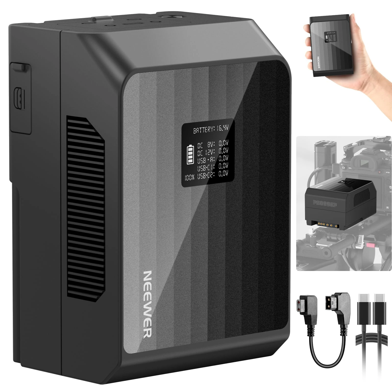 NEEWER Mini V Mount Battery PS099EP, 6800mAh 99Wh 14.5V V Lock Battery with 100W PD Fast Charging, Dual USB C/D Tap/BP/USB A/Dual DC Ports/OLED Screen, Compatible with BMPCC 4k 6k Camcorder Camera