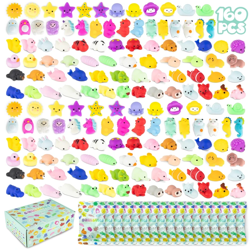 BONNYCO Mochi Squishy Toys for Party Bag Fillers for Kids Unisex, Pack 160 Kids' Party Favours. Squishy Fidget Toys Pack, Pinata Filler Boys Girls. Return Gifts Birthday, Classroom Prizes Kawaii