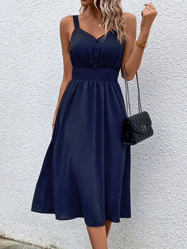 Redsyn Solid Button Detail Cami Dress (Colour: Navy Blue, Size : Small)