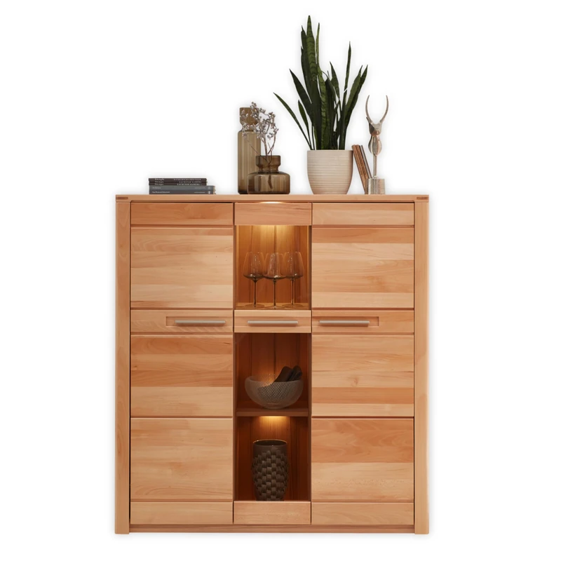 Stella Trading Nature One Highboard in Heartwood Beech Partially Solid FSC Certified Modern Living Room Cabinet with Lots of Storage Space and LED Lighting, Beech Wood, 127 x 137 x 40 cm