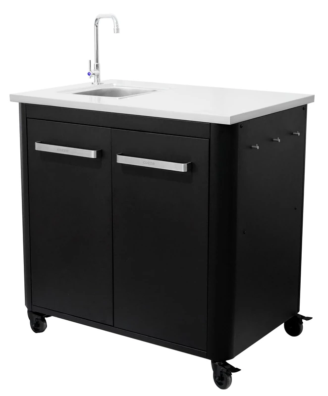 cozze® Outdoor Kitchen 90 with Sink & Tap – Stainless Steel Worktop, Modular BBQ Prep Station with Waste Bag Holder, Storage Cabinet, Hooks, Wheels, 100 kg Load