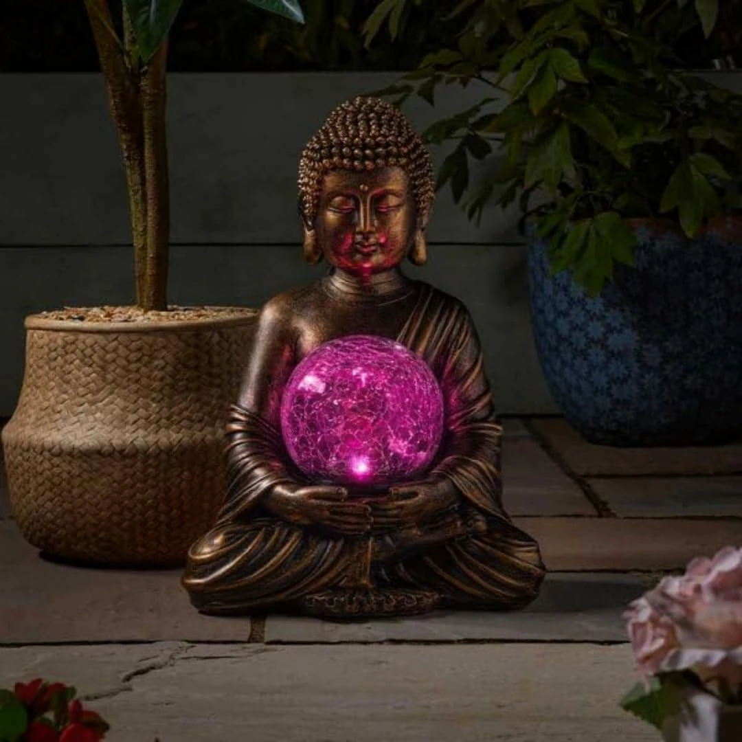 Garden Mile Solar Buddha Statue Outdoor Ornament - Large Bronze Effect Meditating Figure with Crackle Glass Ball, Waterproof Resin, Multi-Colour LED Light, Zen Garden Decor for Home, Patio, and Yard