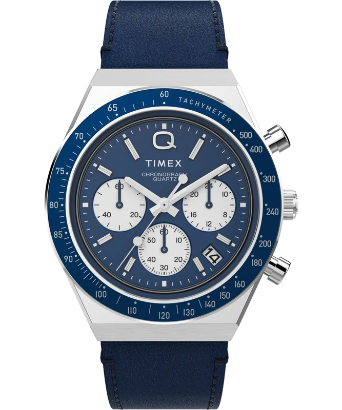 Timex Men's Q Chronograph 40 mm Watch - Blue Leather Two-Piece Quick Release Strap Blue Dial Stainless Steel Case TW2W51700