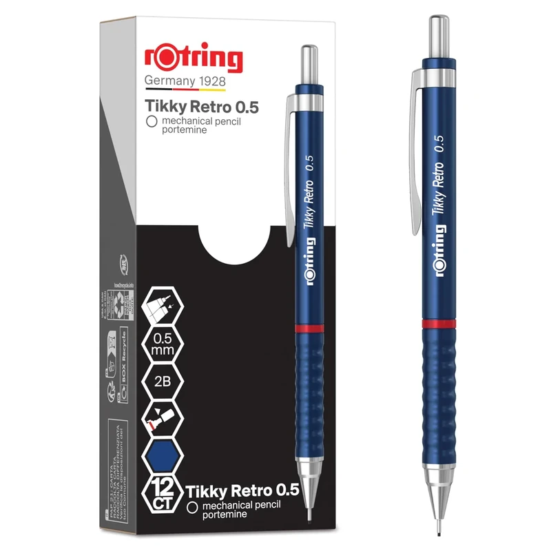 rOtring Tikky Retro Mechanical Pencils | 2B 0.5 mm | Blue Barrels | with Comfort Rippled Grip | 12 Count