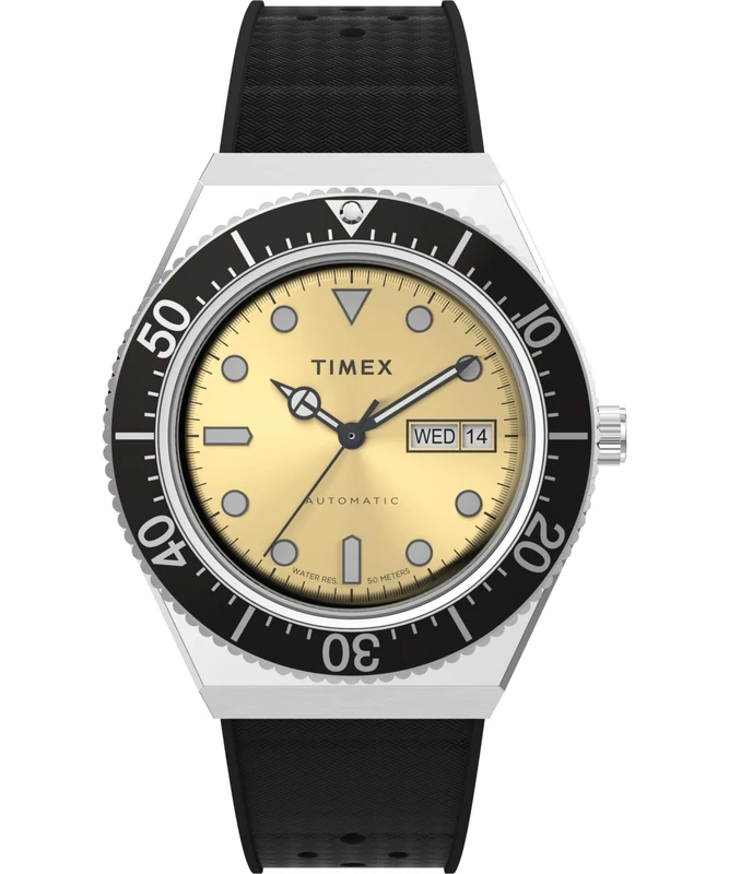 Timex Men's Q Automatic 40 mm Watch - Stainless Steel Synthetic Rubber Strap Champagne Dial Stainless Steel Case TW2W47600 - Image 1