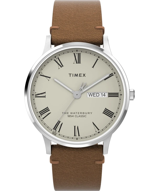 Timex Men's Waterbury 40 mm Watch - Brown Leather Strap Cream Dial Stainless Steel Case TW2W50600