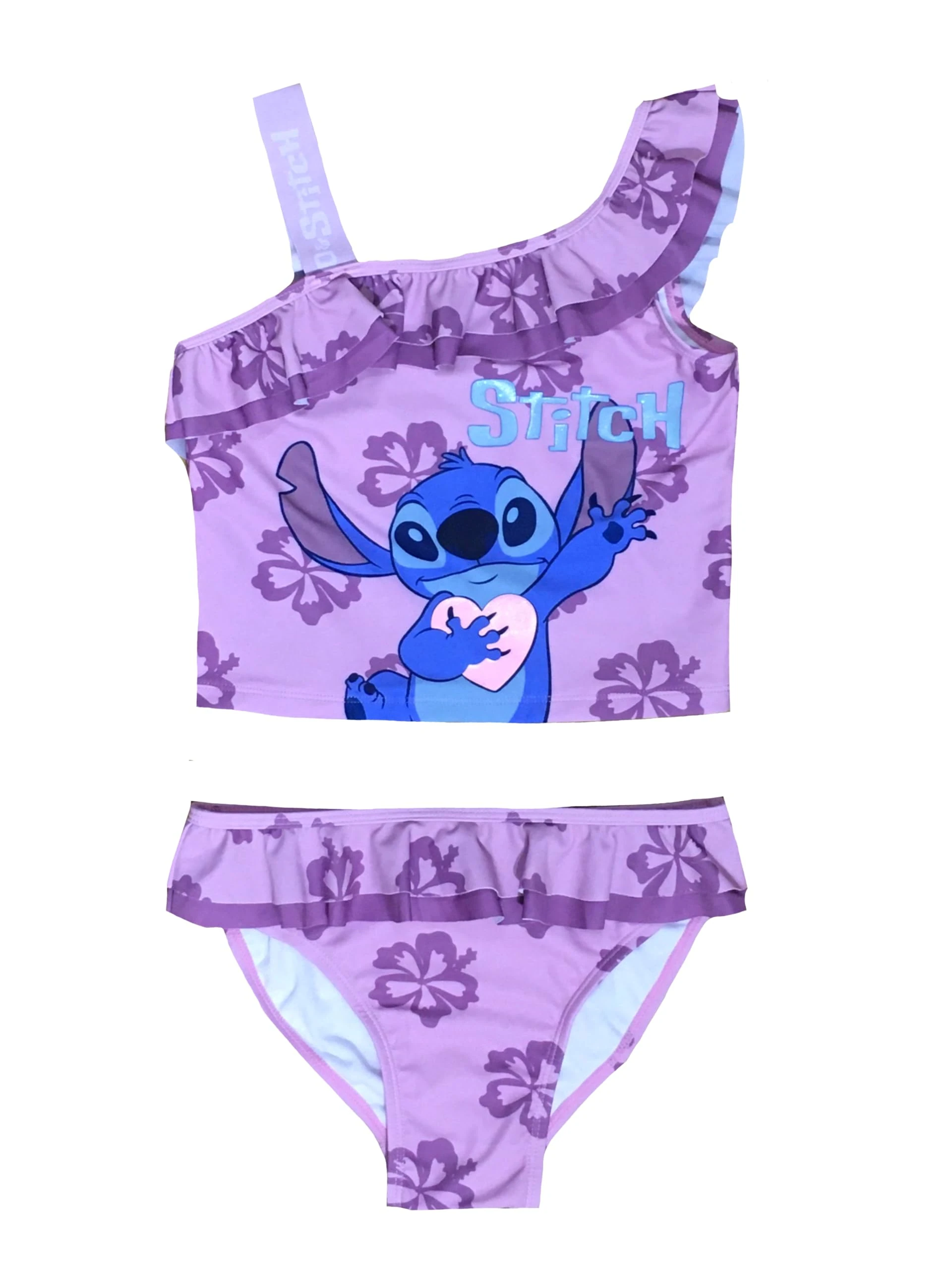 Disney Lilo & Stitch Girls Swimming Costume, 2 Piece Swimsuit, Kids Swimwear Featuring Stitch, Lilac, Age 9-10 Years