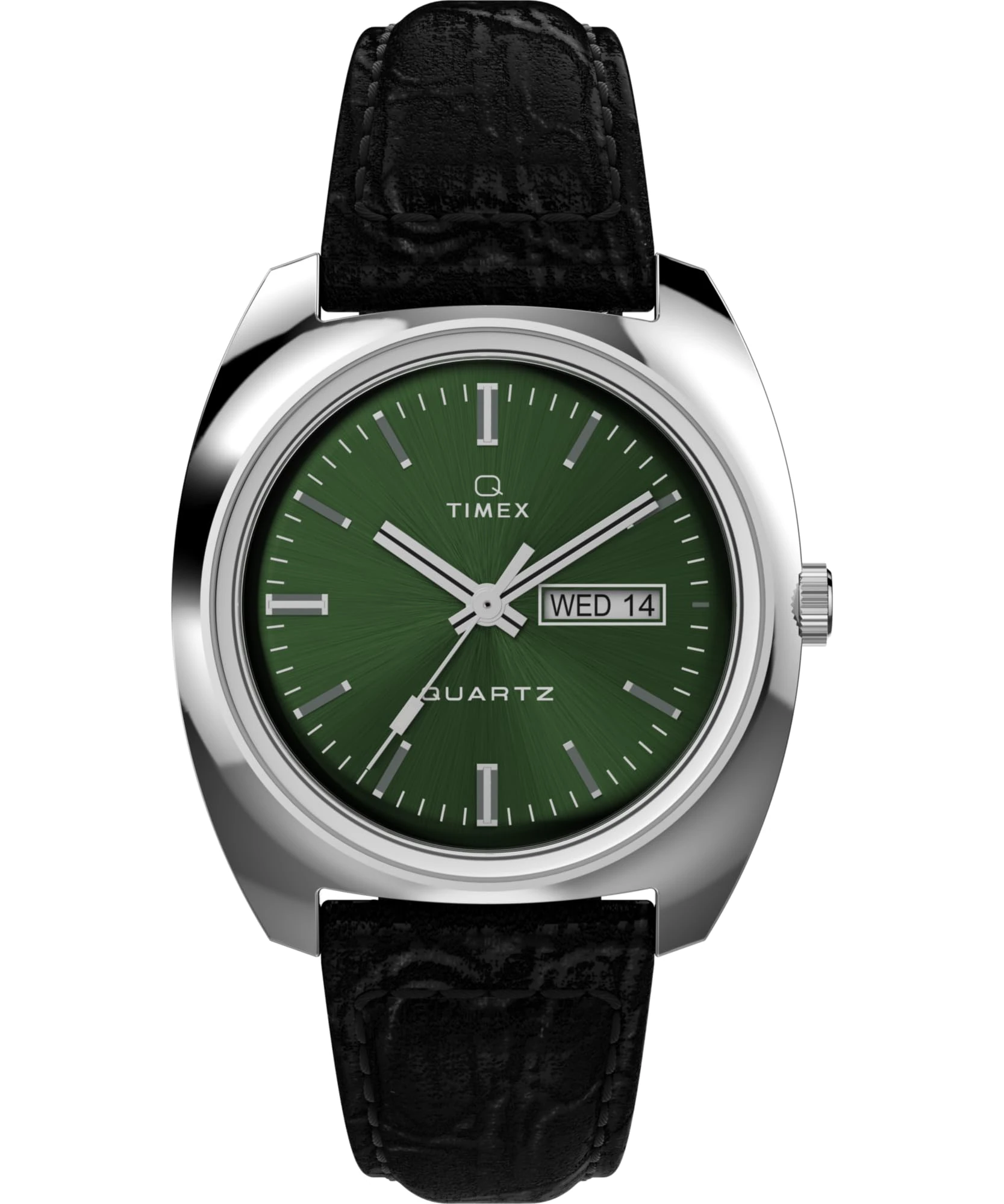 Timex Men's Q 37.5 mm Watch - Black Leather Two-Piece Quick Release Strap Green Dial Stainless Steel Case TW2W44700