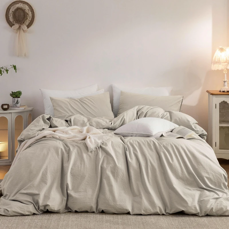 Elimmo Duvet Cover Cal King : 100% Washed Cotton Linen Like Comfy