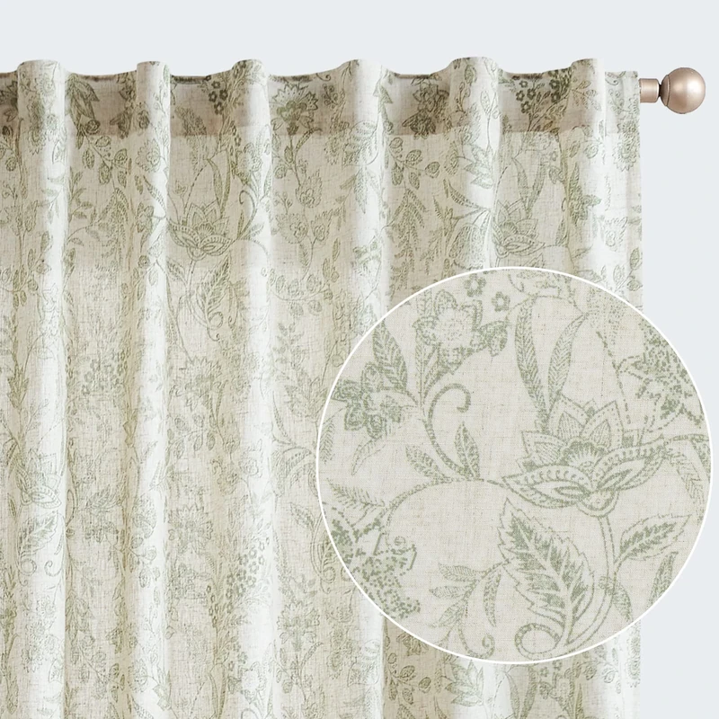 Lazzzy Green Floral Linen Farmhouse Curtains 90 Inches Long Back Tab Drapes for Living Room Bedroom Light Filtering Country Vintage Rod Pocket Curtains,2 Panels, Green on Beige