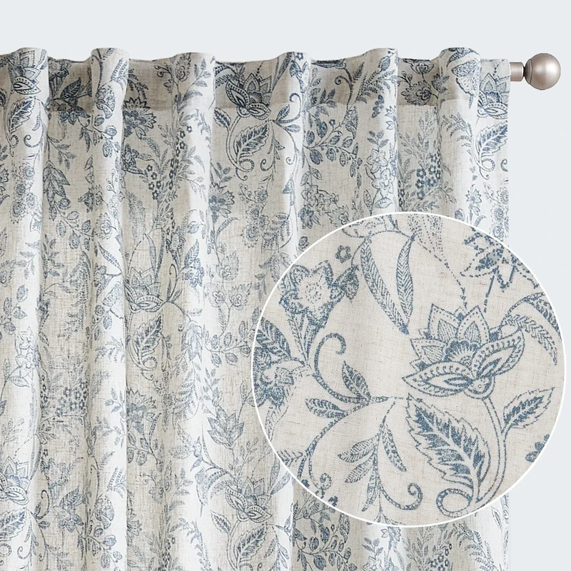 Lazzzy Blue Floral Curtains 90 Inch Length Linen Farmhouse Curtain Back Tab Drapes for Living Room Bedroom Light Filtering Vintage Rod Pocket Curtains, 2 Panels, Blue on Beige