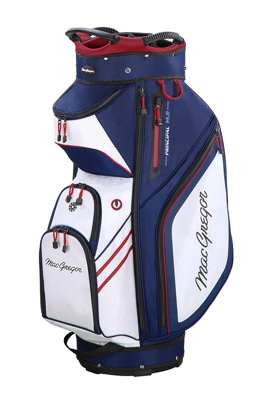 MacGregor Principal 10" Golf Cart Bag, 14-Way Top With Dividers And 9 Pockets, Navy/White/Red