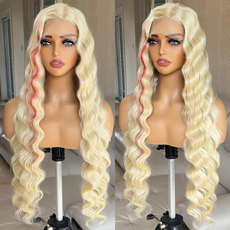 X-TRESS 30" Skunk Stripe Blonde Synthetic Lace Front Wig with Red Highlights, 13x4x1 Loose Deep Wave Glueless Pre-Plucked Wig for Black Women - Image 1