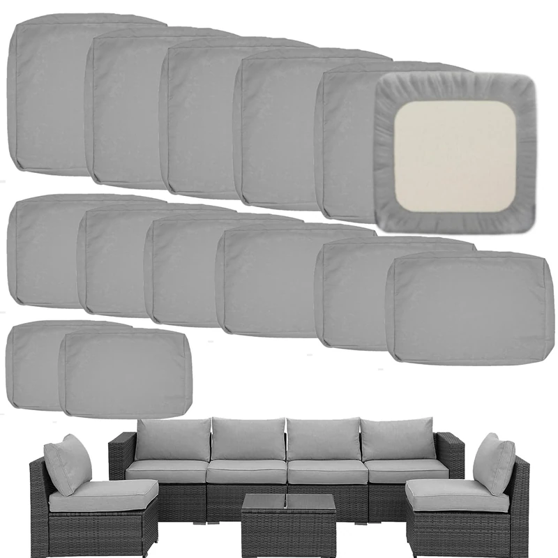 TECOSARA Outdoor Cushion Covers Replacement 14 Pcs Patio Cushion Covers fit for 7Pieces 6-Seater Wicker Rattan Sectional Couch Sofa Outdoor Cushion Slipcovers Set Seat and Back Cover Only, Grey