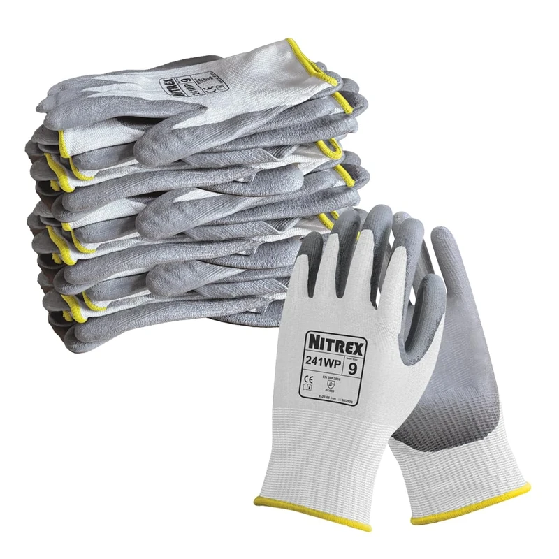 NITREX 241WP 10 Pairs of Work Safety Gloves, PU Palm Coated, 13 Gauge Seamless Liner, Cut Resistant ISO Level B, Excellent Dry Grip, Sanitized Actifresh, Colour White/Grey, Size 9 (241WP-09)