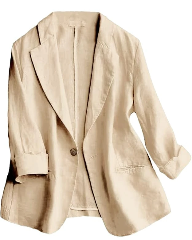 IDEALSANXUN Linen Blazer Women 3/4 Sleeve Lightweight Spring Summer Blazer Jackets, Khaki, S