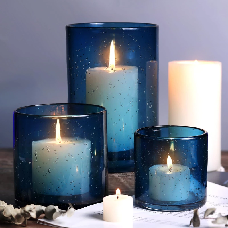 NITIME Hurricane Candle Holder Set of 3 Blue Glass Candle Holders for Pillar Candles, Sewn Bubbles, Blue Glass Vases for Table Decoration, Home, Patio and Wedding, 8 inch, 5.1 inch - Image 1