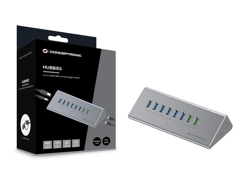 CONCEPTRONIC HUBBIES18G 10-in-1 60W USB 3.0 Hub Charger Combo 2-in-1 USB-C USB-A Cable, USB 3.2 Gen 1