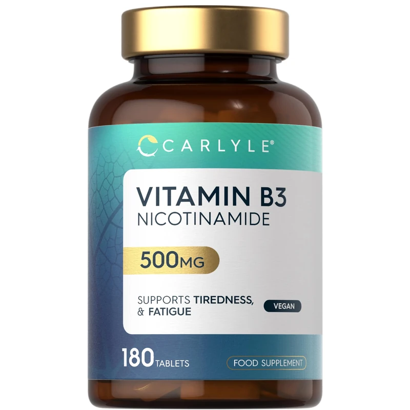 Vitamin B3 Nicotinamide 500mg | 180 Vegan Tablets | High Strength Vitamin B3 Niacin Supplement (Niacinamide) | Flush Free Formula | Suitable for Vegetarians and Vegans | by Carlyle