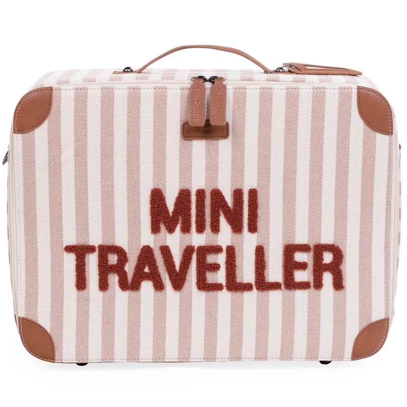 CHILDHOME, Child Suitcase, Week-end, Cabin Size, Hand Luggage, Compact, Solid, Handle for Easy Transport, Name tag, Design, Faux Leather, Mixed, Mini Traveller, Terracotta Stripes