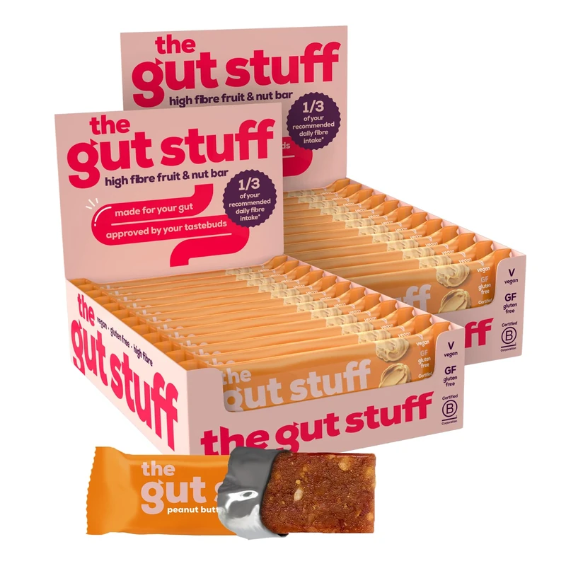 The Gut Stuff High Fibre Fruit & Nut Bars - Peanut Butter Flavour - 24 x 35g Bar Box - Gut Friendly Snack, Gluten-Free, Vegan, Low Calorie, All Natural