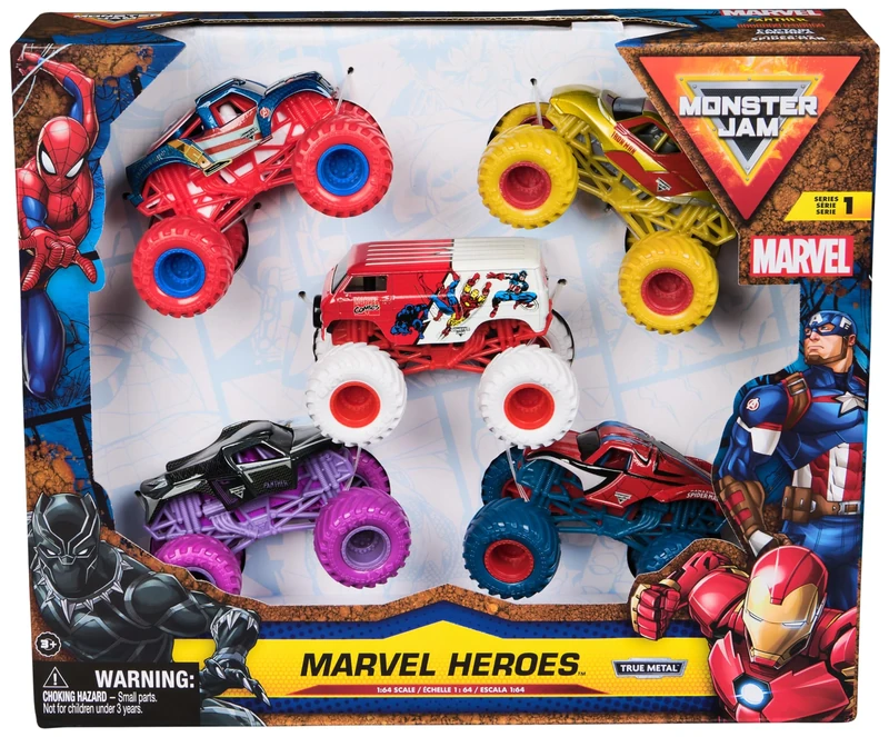 Monster Jam Marvel Heroes 5-Pack, Spider-Man, Black Panther, Iron Man, Captain America | Die-Cast Vehicles Kids’ Toys for Boys and Girls Aged 3 and Up