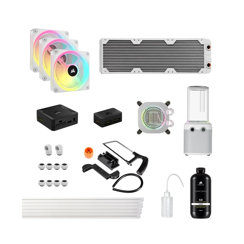 Corsair Hydro X Series iCUE LINK XH405i Custom Cooling Kit – Hardline Water Cooling Loop – XC7 ELITE CPU Water Block – XD5 ELITE D5 Pump Res – XR5 360mm Radiator – 3x QX120 RGB Fans – White