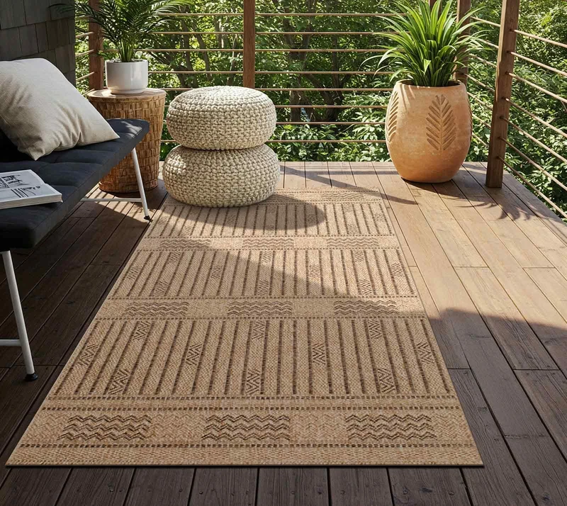 Livabliss Newman Indoor Outdoor Rug, Large Boho Rugs for Living Room 80x220 cm Dining, Kitchen Carpet, Patterned Neutral and Coloured Rugs, Waterproof, Stain Durable, Tan, Dark Brown