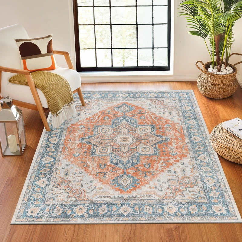Livabliss Perth Machine Washable - Vintage Areas Living Room, Large 160x213 cm - Traditional Boho Style, Dining Room, Kitchen, Outdoor, Hallway - Rust, Blue, Beige