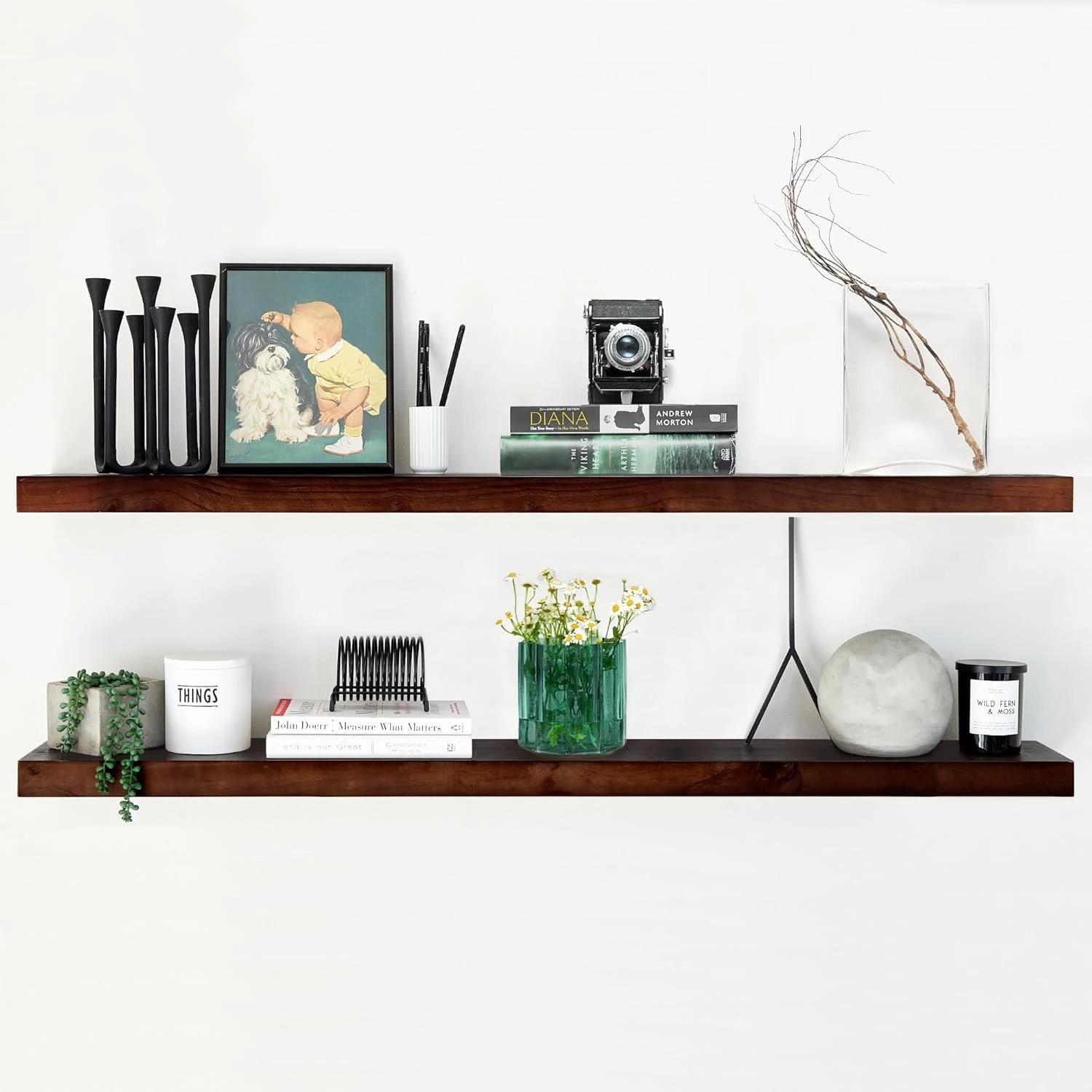 Homeforia 48 inch Walnut Floating Shelf, High End Solid Real Wood Large 48inch Floating Shelves for Wall, Dark Brown 48 inches Long Floating Shelves, Heavy Duty Bracket, 48 X 6.5 X 1.75 inch, Set of 2