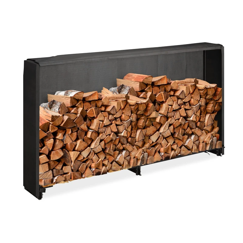 Relaxdays Firewood Rack with Cover, for Wood from 25 cm, Wooden Log Shelf, made of Iron, HxWxD: 110 x 200 x 29 cm, Black