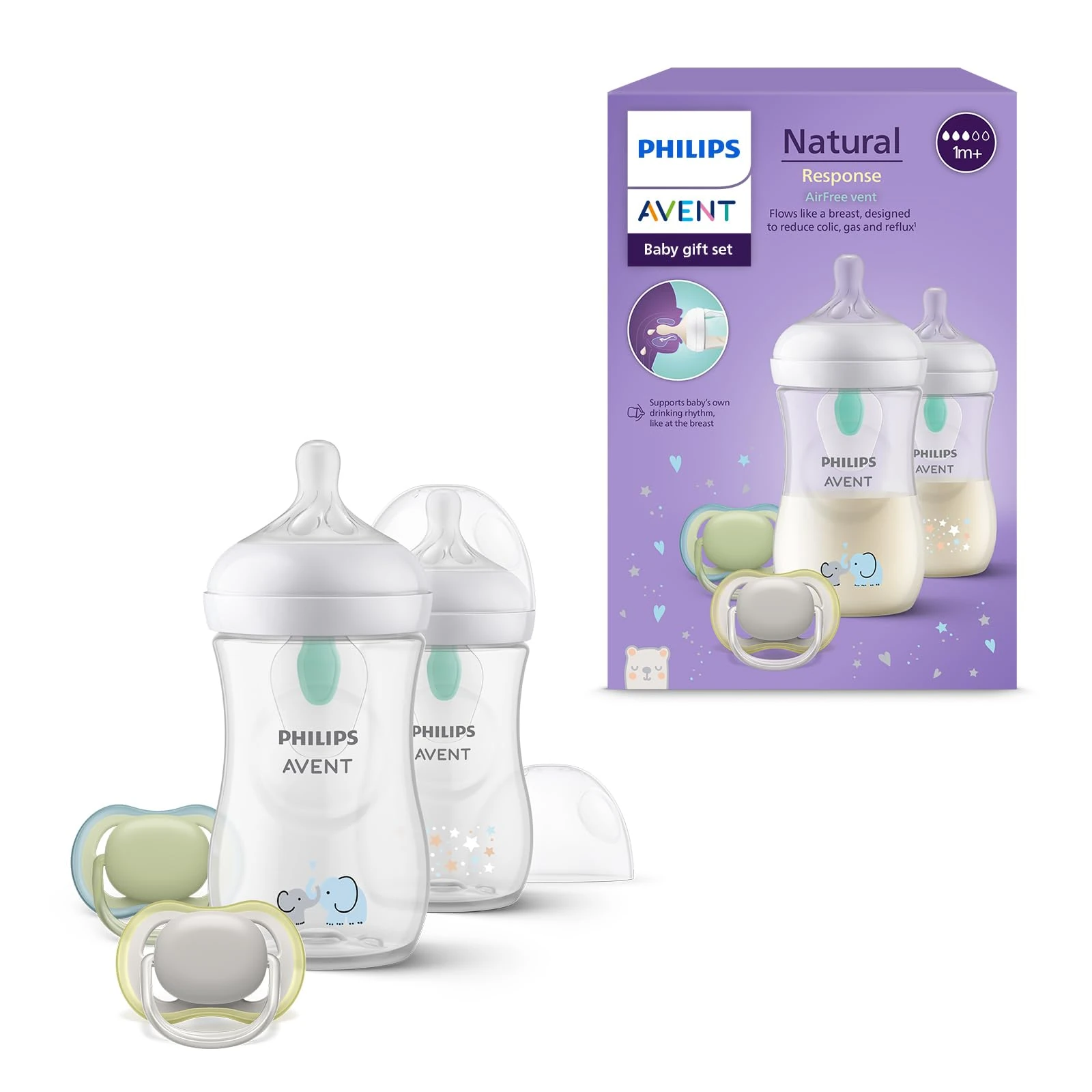 Philips Avent Natural Response Baby Gift Set: 2 Anti-Colic Bottles 260 ml with T3, 1 m+ Teats, 2 Ultra Air Soothers (Model SCD657/12)