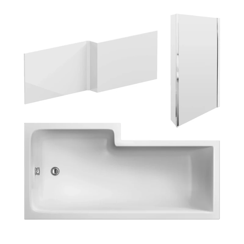 nuie SBATH16 Modern Bathroom L Shape Square Shower Bath Set with Screen and Front Panel - Right Hand, 1800 x 850 x 390mm, White/Chrome
