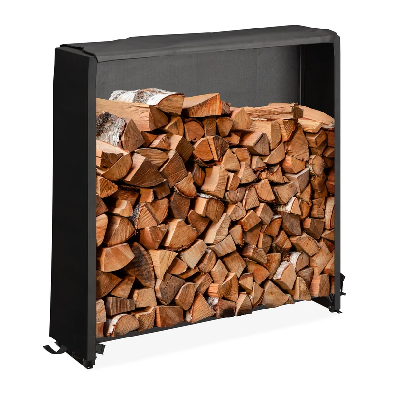 Relaxdays Firewood Rack with Cover, for Wood from 25 cm, Wooden Log Shelf, made of Iron, HxWxD: 110 x 110 x 29 cm, Black - Image 1