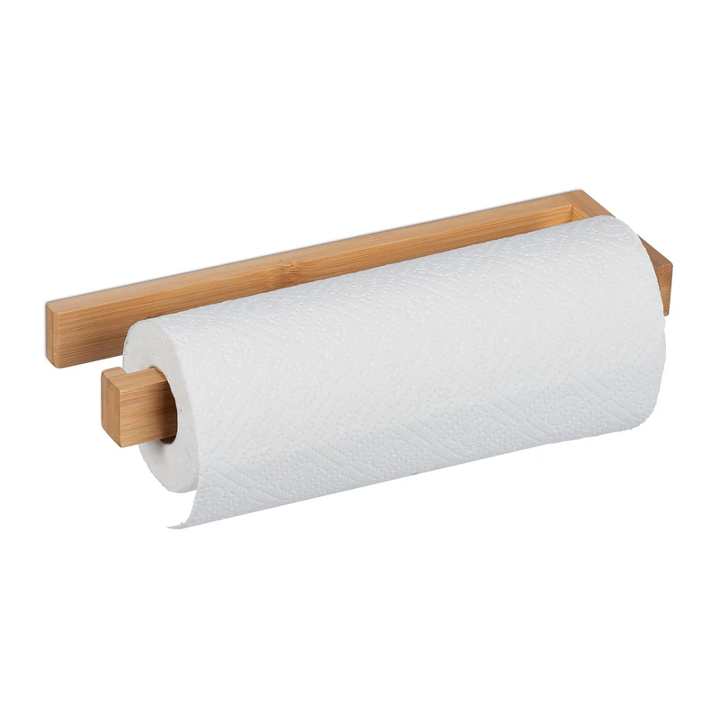 Relaxdays Kitchen Roll Holder, Adhesive, Wall-Mounted, Bamboo Paper Towel Rack, No Drilling, HWD: 3 x 31 x 9 cm, Natural