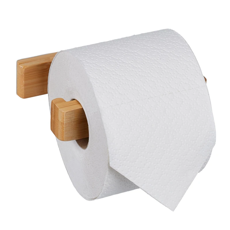 Relaxdays Toilet Roll Holder, no Drilling, Bamboo, Adhesive Loo Paper Hanger, Wall Mounted, 3 x 13.5 x 9 cm, Natural