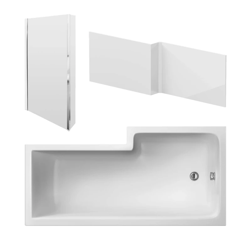 nuie SBATH15 Modern Bathroom L Shape Square Shower Bath Set with Screen and Front Panel - Left Hand, 1800 x 850 x 390mm, White/Chrome
