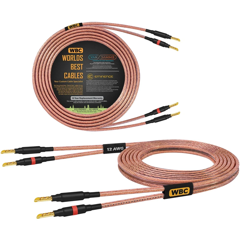 WORLDS BEST CABLES Van Damme 2 x 4.00 mm2 (2x 12AWG) - 3 Meter – 99.99% UP-LCOFC Figure-8 Audiophile Hi-Fi Speaker Cable Pair w/Eminence Gold Plated Banana Plugs