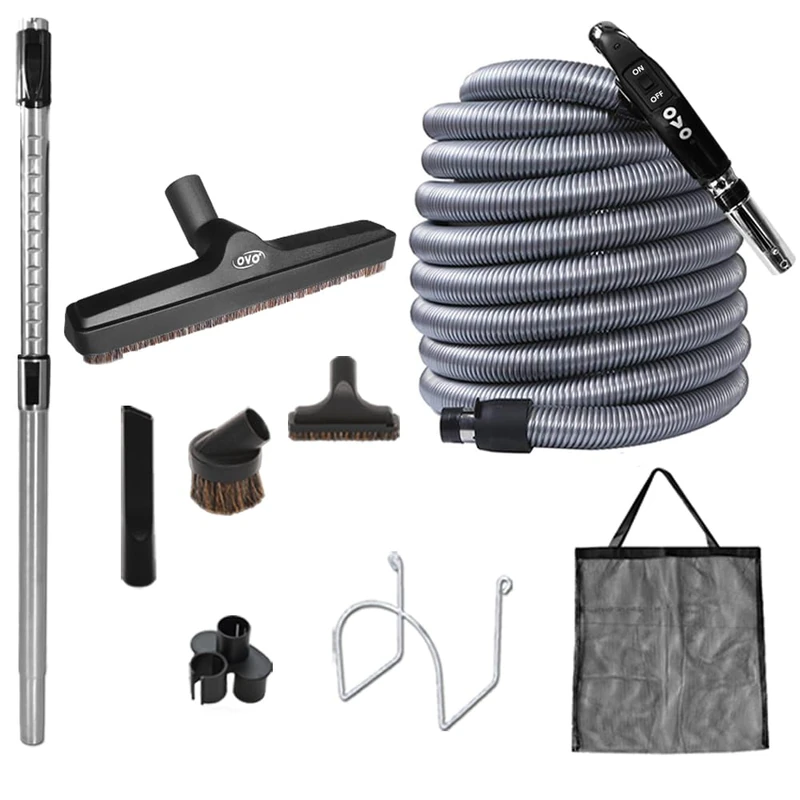 OVO Central Vacuum Deluxe Accessory Kit, 30ft ON/Off Switch Control Low-Voltage Hose, 12’’ Premium Floor Brush, Cleaning Tools and Easy Storage Accessories, for Hard Surfaces