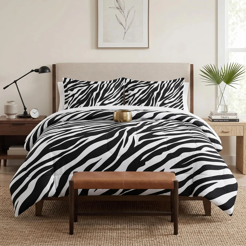 Pamnest Comforter Set Twin Size, Zebra Stripe Animal Soft Bedding Set for Kids and Adults, Tiger Black White Comforter Set with Pillowcase, for Bedroom Bed Decor