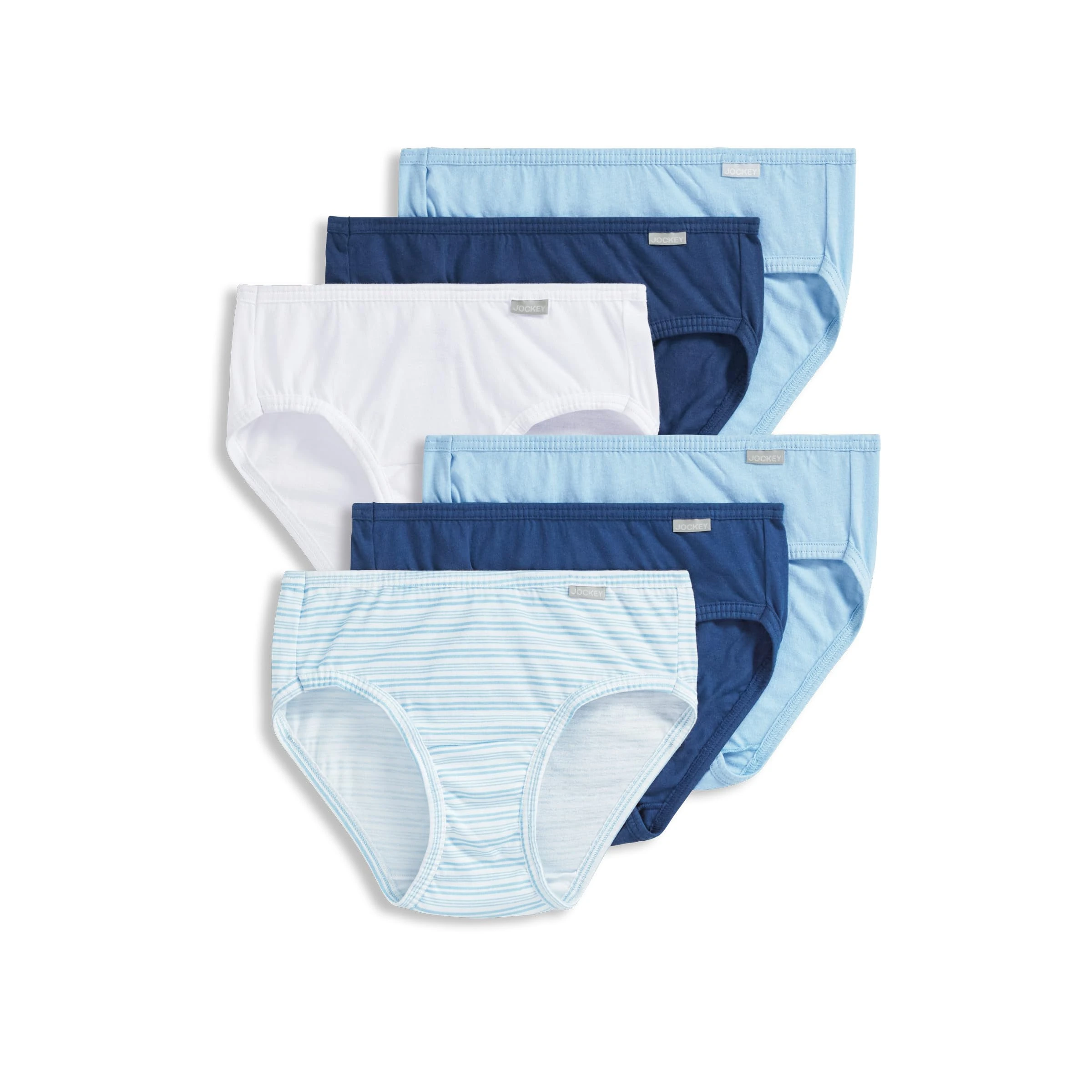 Jockey Women's Underwear Elance Bikini - 6 Pack, White/Boardwalk Stripe/Marina Blue/Blue Stardust/Marina Blue/Blue Stardust, 6