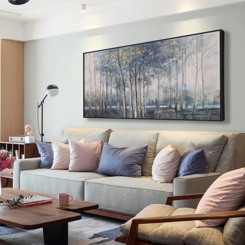 Framed Wall Art Scene Nature Decor Canvas Print Blue Embellishments Plant Grey Misty Forest Abstract Tree Painting Picture Artwork Framed Wall Decor For Living Room Bedroom Living Room And Apartment