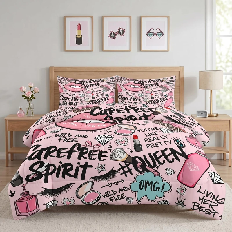 Pamnest Comforter Set King Size, Makeup Pink Queen Soft Bedding Set for Kids and Adults, Women Diamond Cute Comforter Set with Pillowcase, for Bedroom Bed Decor
